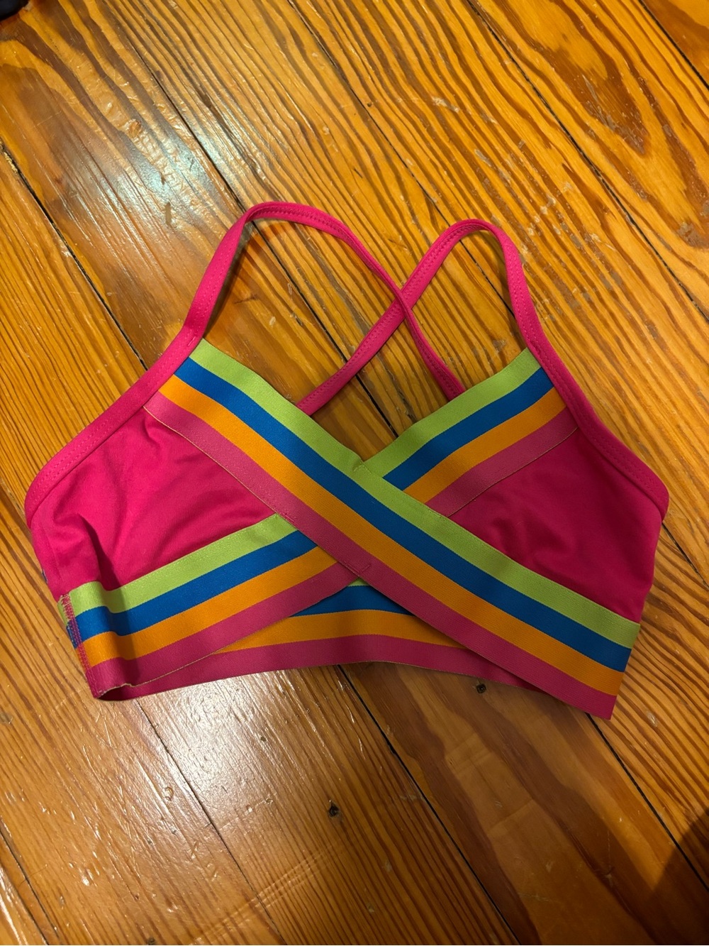 Kids Jo and Jax Hot Pink Cross-Back Bikini Top with Rainbow Bands